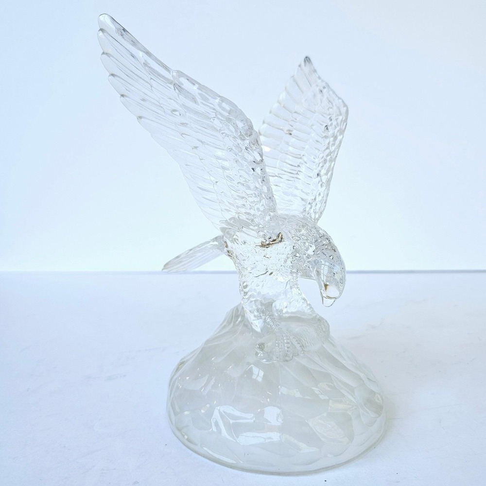 Vintage Clear Glass Eagle Figurine Wings Spread Rock Base Patriotic Decor 8in